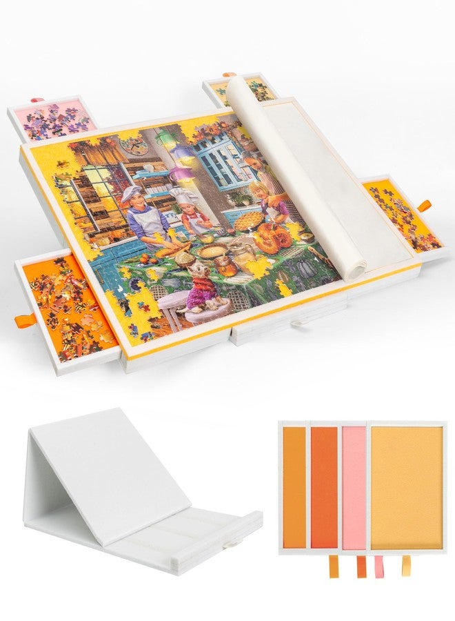Tektalk Jigsaw Puzzle Table with Integrated Adjustable Stand/Bracket, 3-Tilting-Angle Super Lightweight Felt Puzzle Plateau Board with Cover & 4 Sorting Drawers, for Up to 1000 Pieces - Orange - Image 1