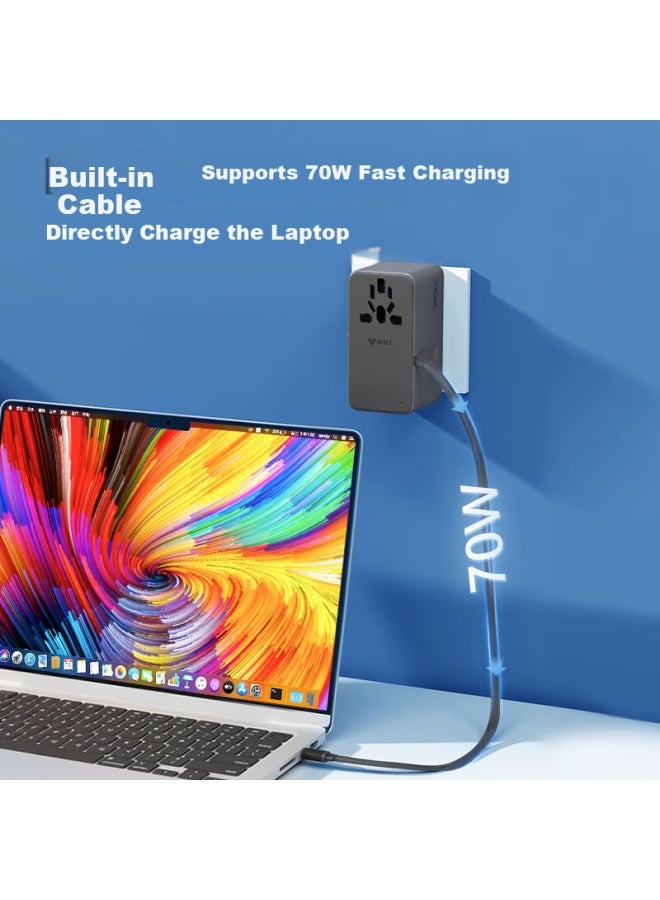 Bull 70w Gan Fast Charging Multi-country Travel Adapter With Built-in Data Cable, Retractable Cord, Global Universal For Overseas And Some Regions, European, American, Australian, And Uk Standards, No Switch - Image 2
