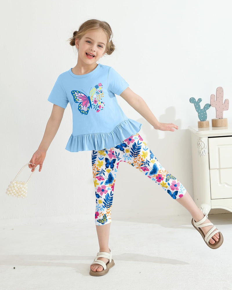 CARETOO Girls Holiday Outfits 2pcs Back to School Summer Outfits for Girls Cute Colorful Butterfly Pattern Ruffle Hem Aqua Blue Short Sleeve Top and Floral Capri Pant 4-5t 4t 5t - Image 2