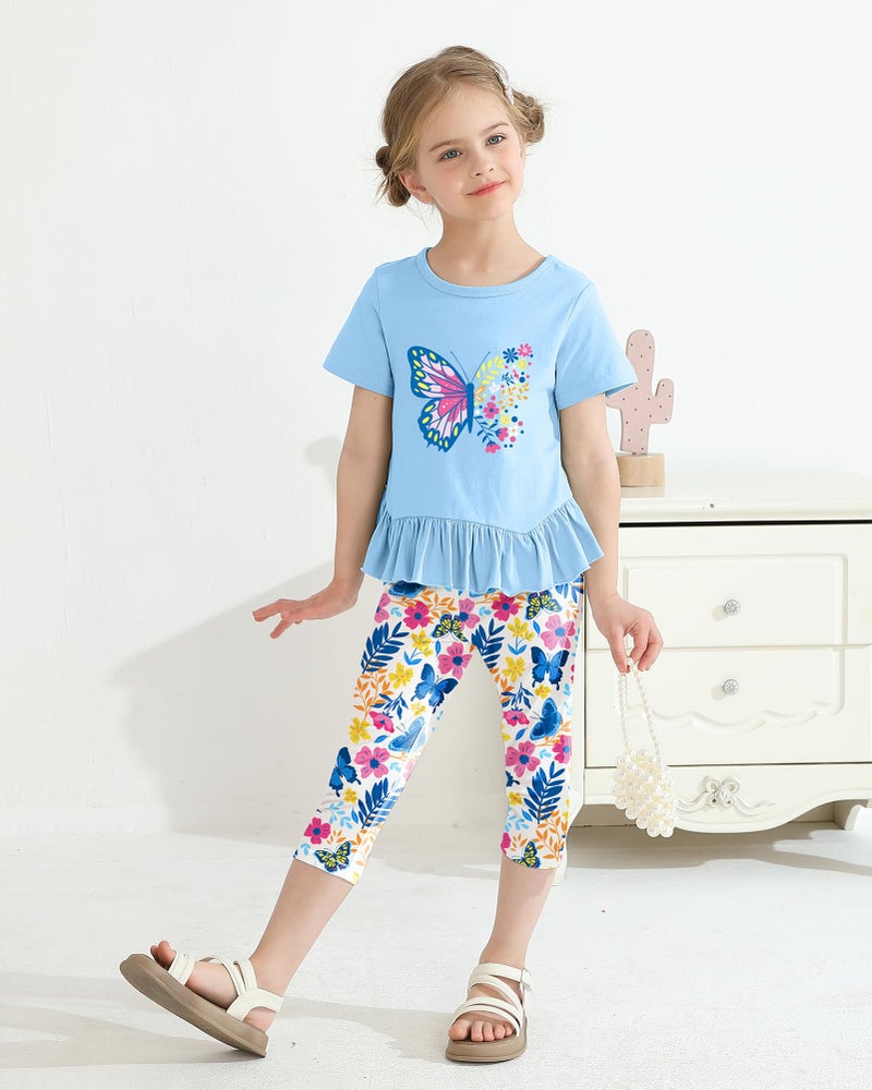 CARETOO Girls Holiday Outfits 2pcs Back to School Summer Outfits for Girls Cute Colorful Butterfly Pattern Ruffle Hem Aqua Blue Short Sleeve Top and Floral Capri Pant 4-5t 4t 5t - Image 4