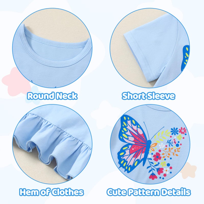 CARETOO Girls Holiday Outfits 2pcs Back to School Summer Outfits for Girls Cute Colorful Butterfly Pattern Ruffle Hem Aqua Blue Short Sleeve Top and Floral Capri Pant 4-5t 4t 5t - Image 5