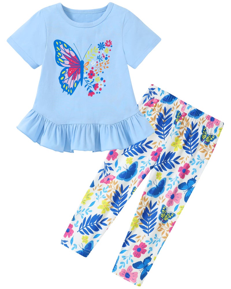 CARETOO Girls Holiday Outfits 2pcs Back to School Summer Outfits for Girls Cute Colorful Butterfly Pattern Ruffle Hem Aqua Blue Short Sleeve Top and Floral Capri Pant 4-5t 4t 5t - Image 1