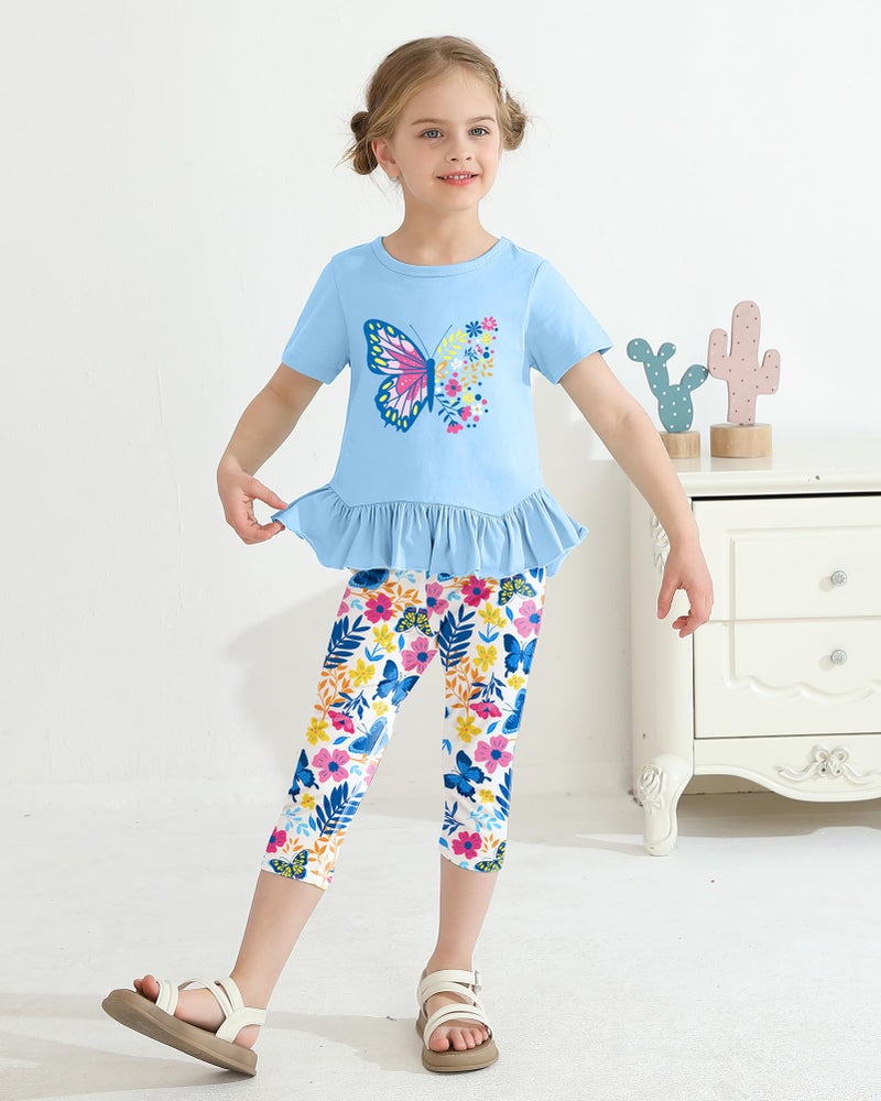 CARETOO Girls Holiday Outfits 2pcs Back to School Summer Outfits for Girls Cute Colorful Butterfly Pattern Ruffle Hem Aqua Blue Short Sleeve Top and Floral Capri Pant 4-5t 4t 5t - Image 3