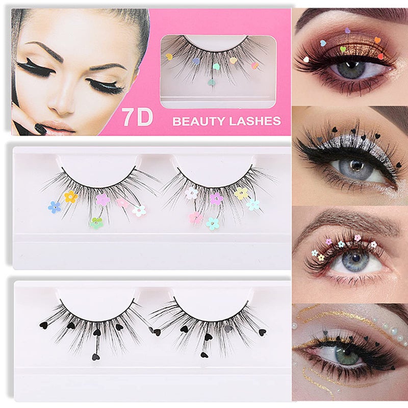 LuckNest 3 Pairs False Eyelashes, Festival Styles Dramatic Glitter Sequin Lashes with Cute Colorful Black Heart/Colorful Flower Lashes for Decorative Christmas New Year Halloweens Cosplay Party - Image 2