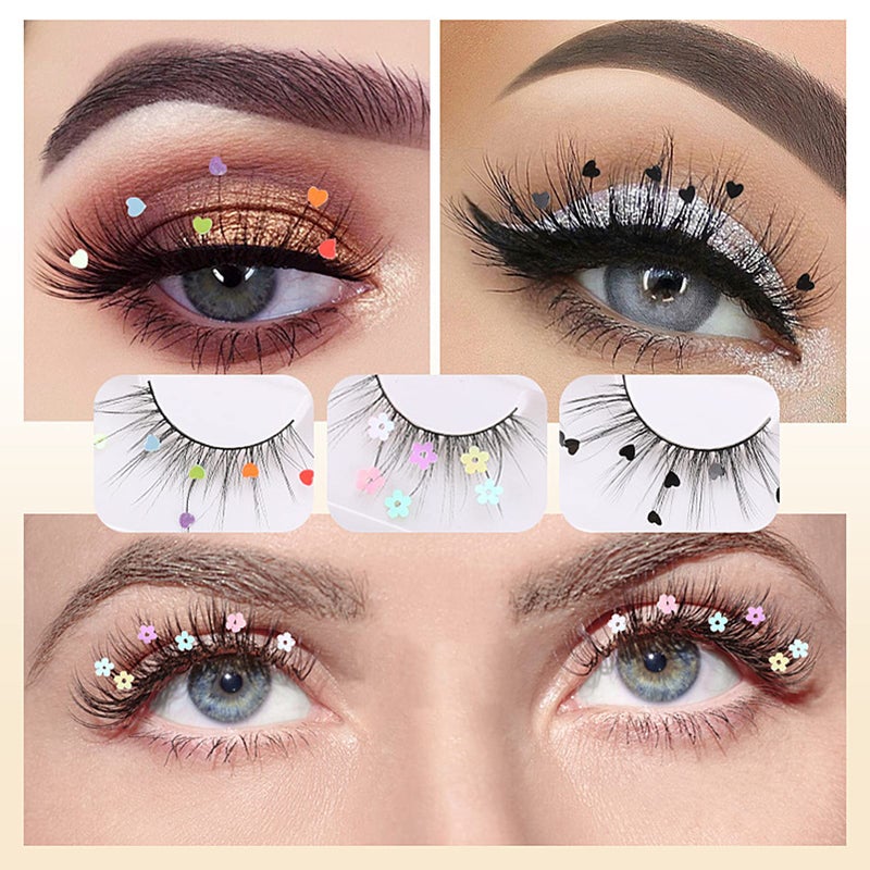 LuckNest 3 Pairs False Eyelashes, Festival Styles Dramatic Glitter Sequin Lashes with Cute Colorful Black Heart/Colorful Flower Lashes for Decorative Christmas New Year Halloweens Cosplay Party - Image 1