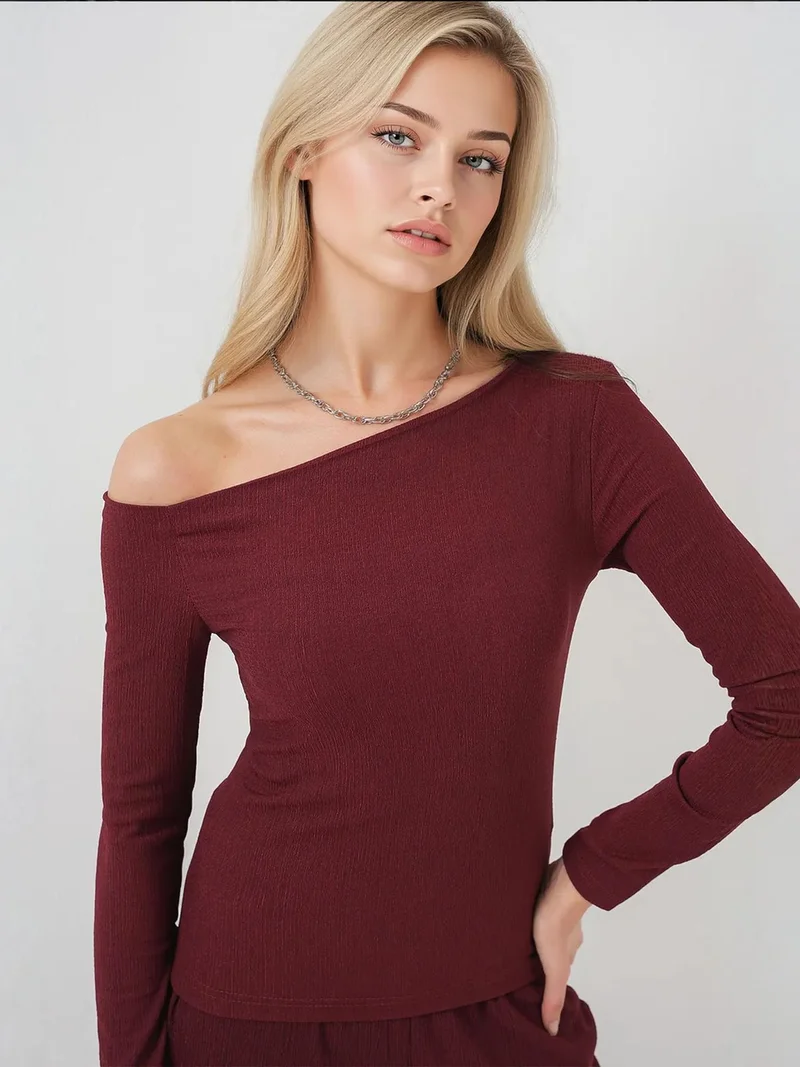Big Dart Burgundy Red BDART Textured Long Co-ord Set with Boat Neck for Women | Best Price UAE