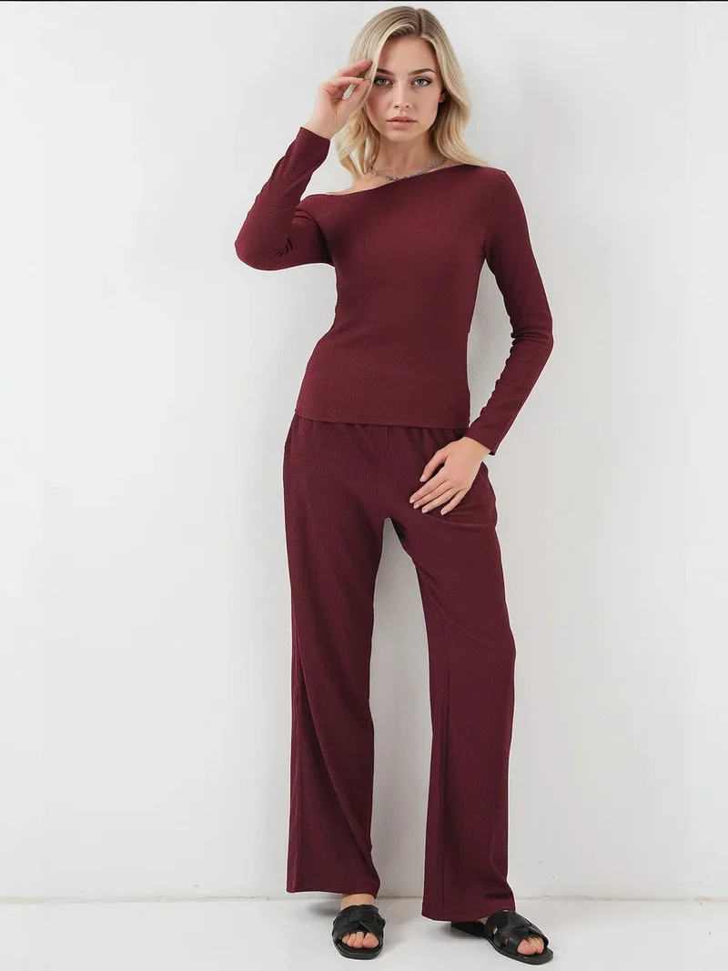 Big Dart Burgundy Red BDART Textured Long Co-ord Set with Boat Neck for Women | Best Price UAE