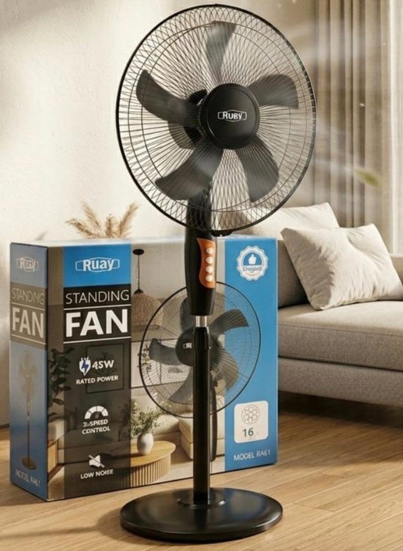 Ruay Stand Fan, 45W, 3 Adjustable Speeds, for Perfect Room Temperature, Sleek Design, Black - Image 1