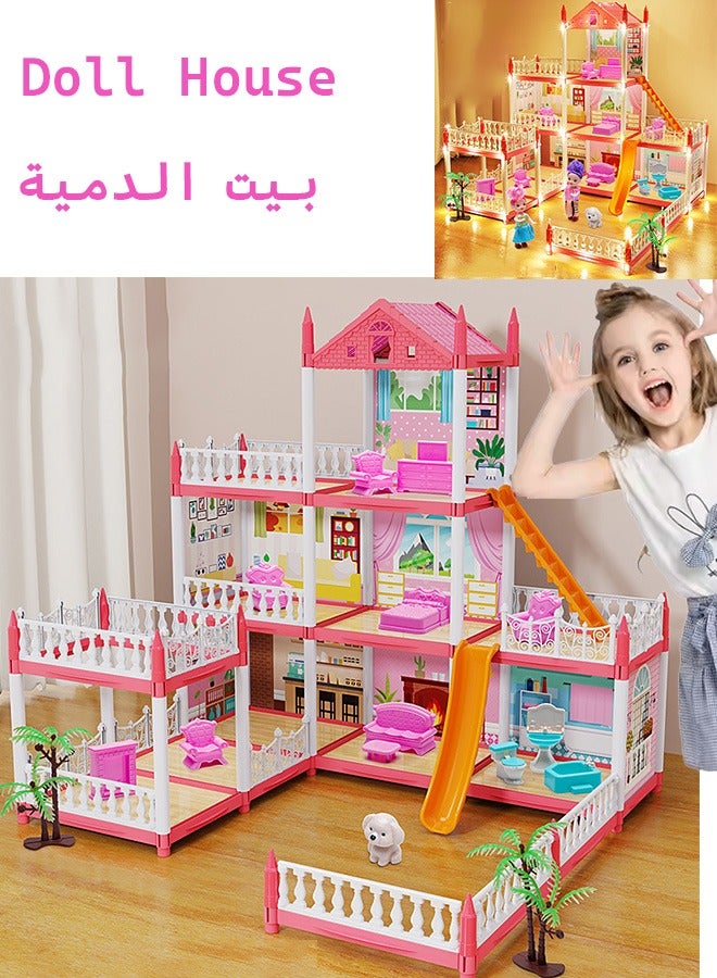 جيرينك بيت دمى مع أضواء، بيت أميرة اصنعه بنفسك، قلعة محاكاة أميرة خرافية، مجموعة ألعاب بناء، بيت دمى قصر مهيب، أفكار هدايا اصنعها بنفسك للعب التظاهري، بيت دمى أحلام للبنات، مجموعة أدوات صنع نماذج مصغرة، طقم بيت دمى أميرة خيالية مع سلسلة من الأضواء الملونة، 3 طوابق، 7 غرف، دميتان، 3 تراسات، هدية للأعمار من 3 سنوات فما فوق - Image 1