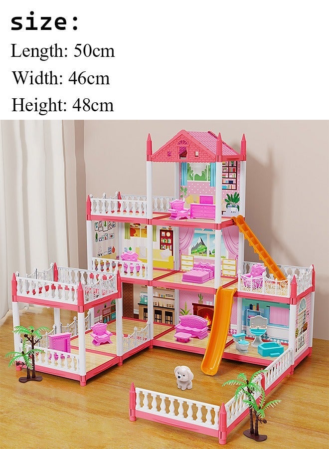 Doll House with Lights, DIY Princess House, Fairy Princess Simulation castle, Building Toys Playset, Majestic Mansion Dollhouse, DIY Ideas Gifts for pretend play, Dream Doll House for Girls, Hands Craft Miniature Model Craft Kit, Princess Fantasy DollHouse Kit with 1 string of coloured lights, 3 Floors 7 Rooms 2 Dolls 3 Terraces, Gift for Ages 3+ - Image 2