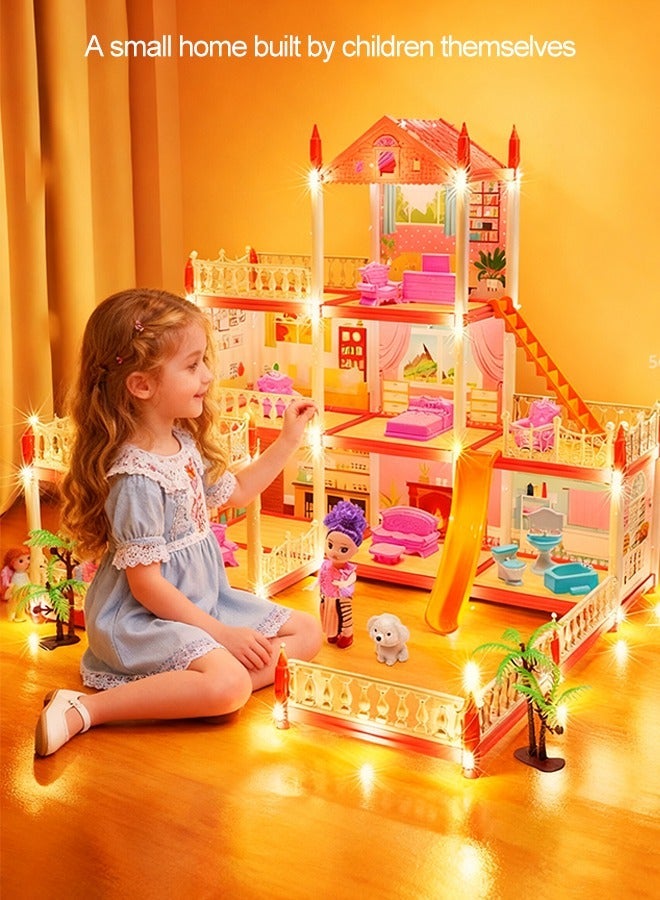 Doll House with Lights, DIY Princess House, Fairy Princess Simulation castle, Building Toys Playset, Majestic Mansion Dollhouse, DIY Ideas Gifts for pretend play, Dream Doll House for Girls, Hands Craft Miniature Model Craft Kit, Princess Fantasy DollHouse Kit with 1 string of coloured lights, 3 Floors 7 Rooms 2 Dolls 3 Terraces, Gift for Ages 3+ - Image 3