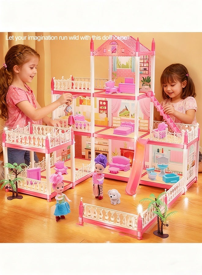 Doll House with Lights, DIY Princess House, Fairy Princess Simulation castle, Building Toys Playset, Majestic Mansion Dollhouse, DIY Ideas Gifts for pretend play, Dream Doll House for Girls, Hands Craft Miniature Model Craft Kit, Princess Fantasy DollHouse Kit with 1 string of coloured lights, 3 Floors 7 Rooms 2 Dolls 3 Terraces, Gift for Ages 3+ - Image 4