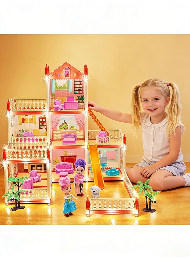 Doll House with Lights, DIY Princess House, Fairy Princess Simulation castle, Building Toys Playset, Majestic Mansion Dollhouse, DIY Ideas Gifts for pretend play, Dream Doll House for Girls, Hands Craft Miniature Model Craft Kit, Princess Fantasy DollHouse Kit with 1 string of coloured lights, 3 Floors 7 Rooms 2 Dolls 3 Terraces, Gift for Ages 3+ - Image 5
