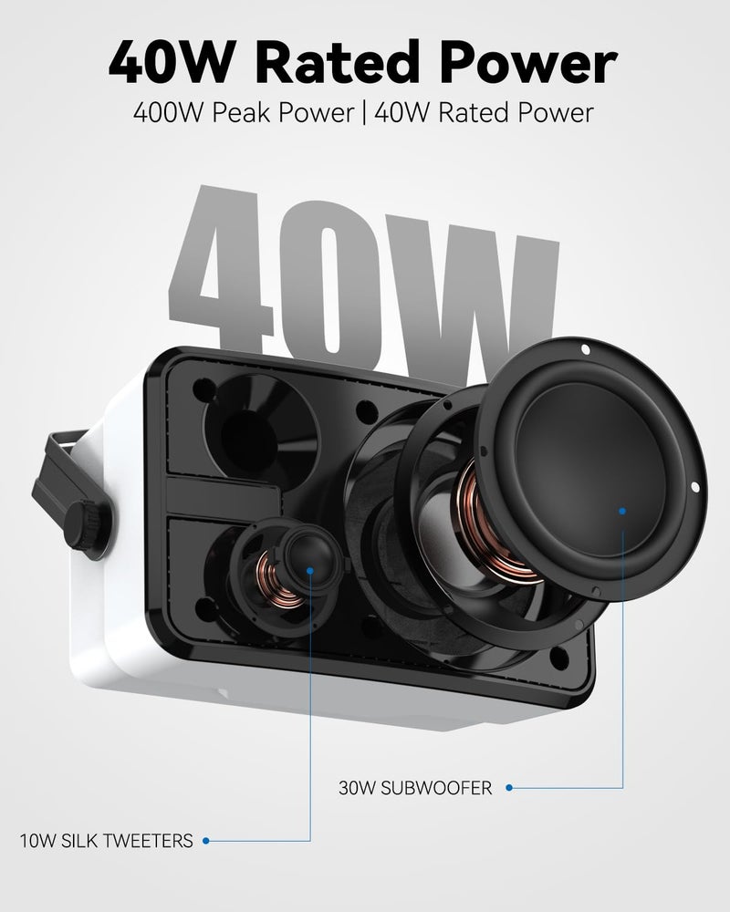 Plyee Audio 400W Outdoor Bluetooth Speakers, Wireless Sync Between Speakers, Powerful Bass, Wall Mount for Patio, Porch, Gazebo, Garage, 2-Pack, White(MZ-621) - Image 3