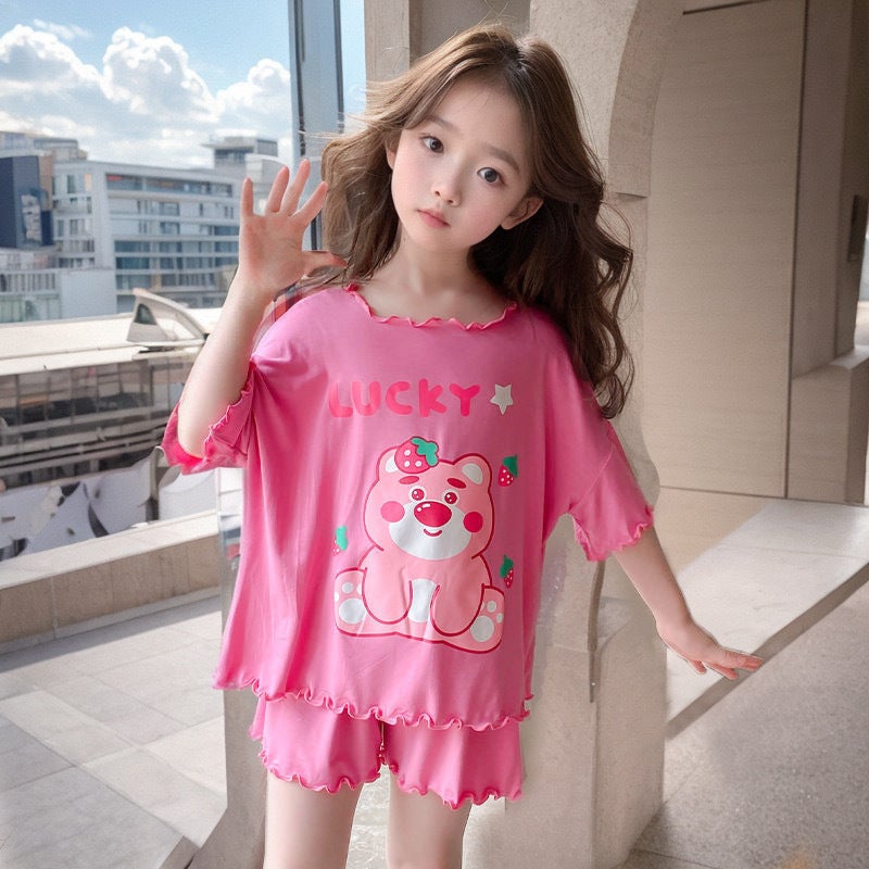 2024 Pajamas Summer New Short-sleeved Shorts Girls Kulomi Small Middle-aged Childrens Little Girl Baby Home Clothes suit 833#[rose red suit] 