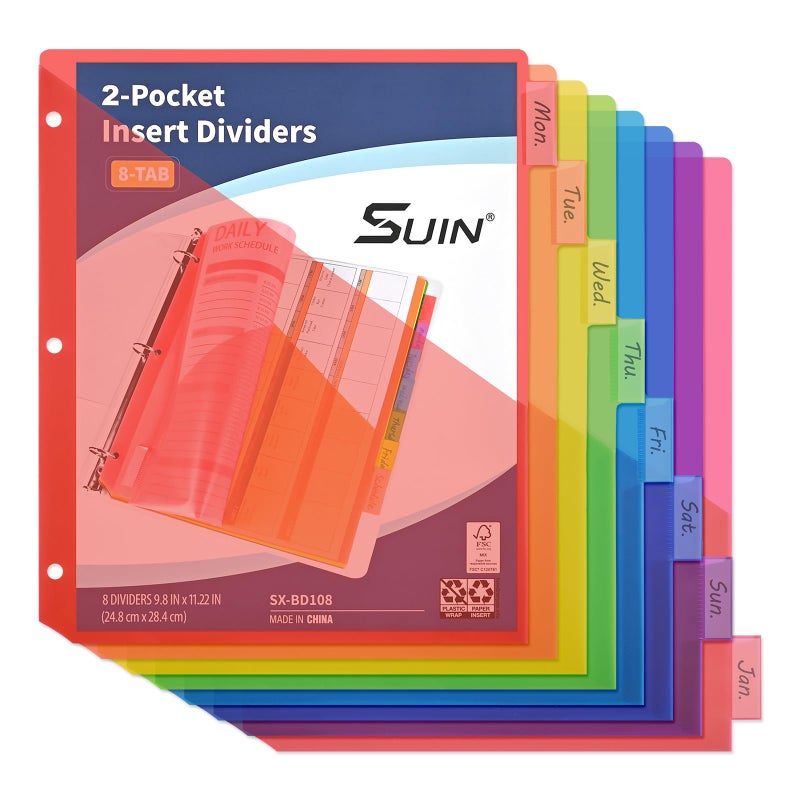 SUIN 8-Tab Binder Dividers with Double Pockets - Translucent Plastic Page Separators for 3 Ring Binder, Front & Back Storage, Durable Poly, Letter Size, Rainbow Colors, 1-Pack - Image 1