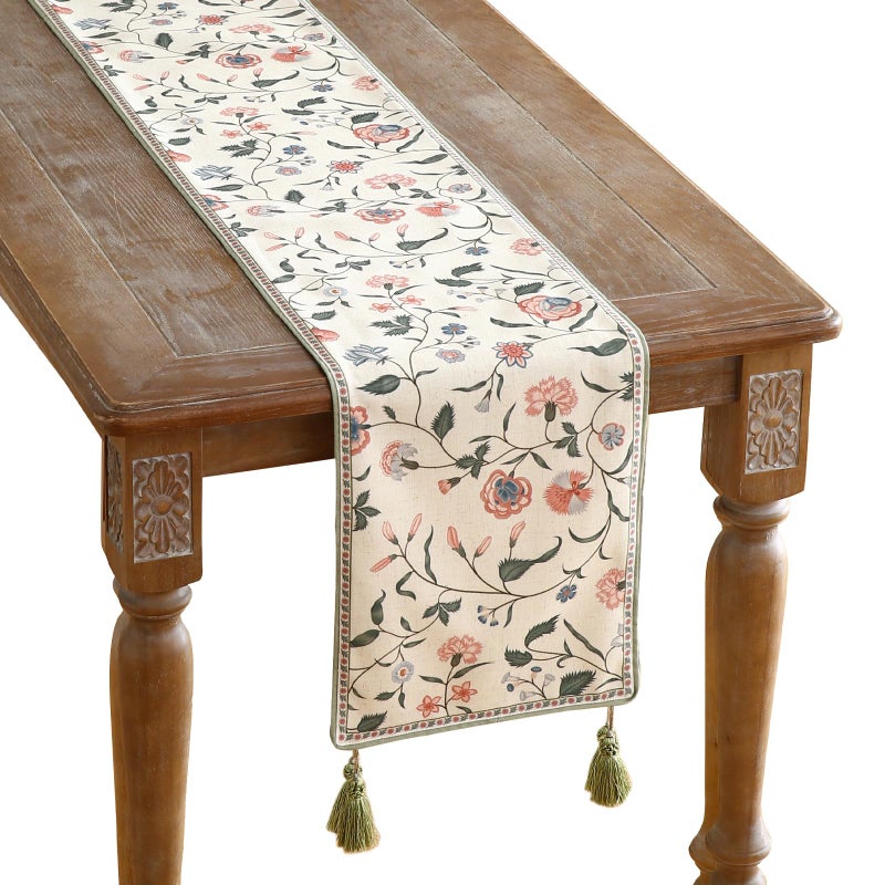 ISAENNE Designer Chinoiserie Elegant Linen Floral Table Runner 71 Inches Long,White Wrinkle Resistant Table Runners for Dining Tables,Thanksgiving,Kitchen Tables,Christmas,12"*71"-Daffy A - Image 1