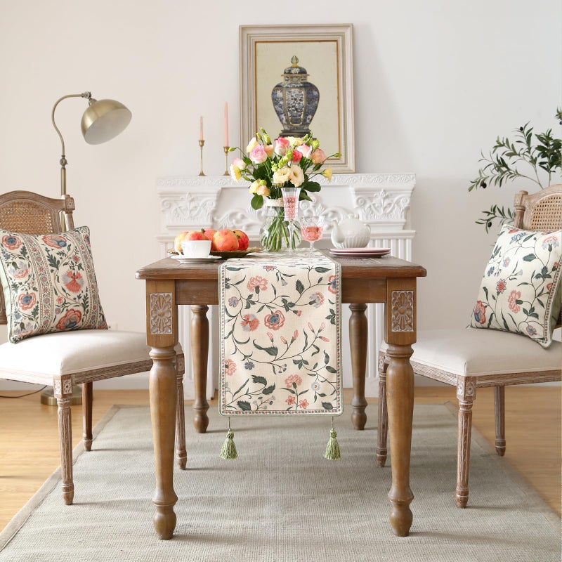 ISAENNE Designer Chinoiserie Elegant Linen Floral Table Runner 71 Inches Long,White Wrinkle Resistant Table Runners for Dining Tables,Thanksgiving,Kitchen Tables,Christmas,12"*71"-Daffy A - Image 3