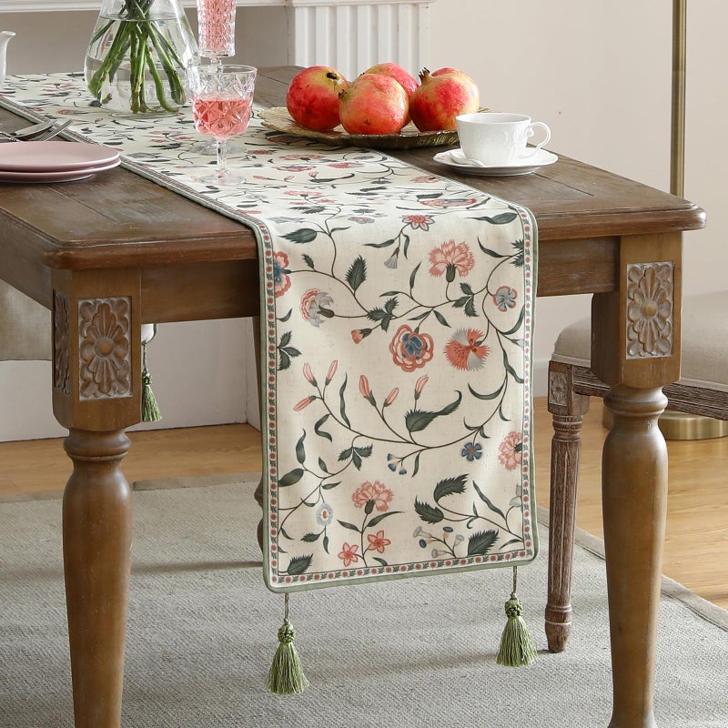 ISAENNE Designer Chinoiserie Elegant Linen Floral Table Runner 71 Inches Long,White Wrinkle Resistant Table Runners for Dining Tables,Thanksgiving,Kitchen Tables,Christmas,12"*71"-Daffy A - Image 2