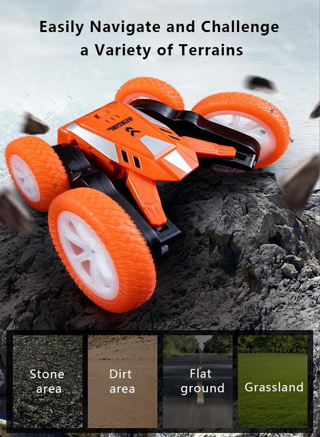 Children's Toy Car Remote Control Stunt Car Double-sided Rotating Rolling Remote Control Car with Charging Cable for Boys Orange - Image 2