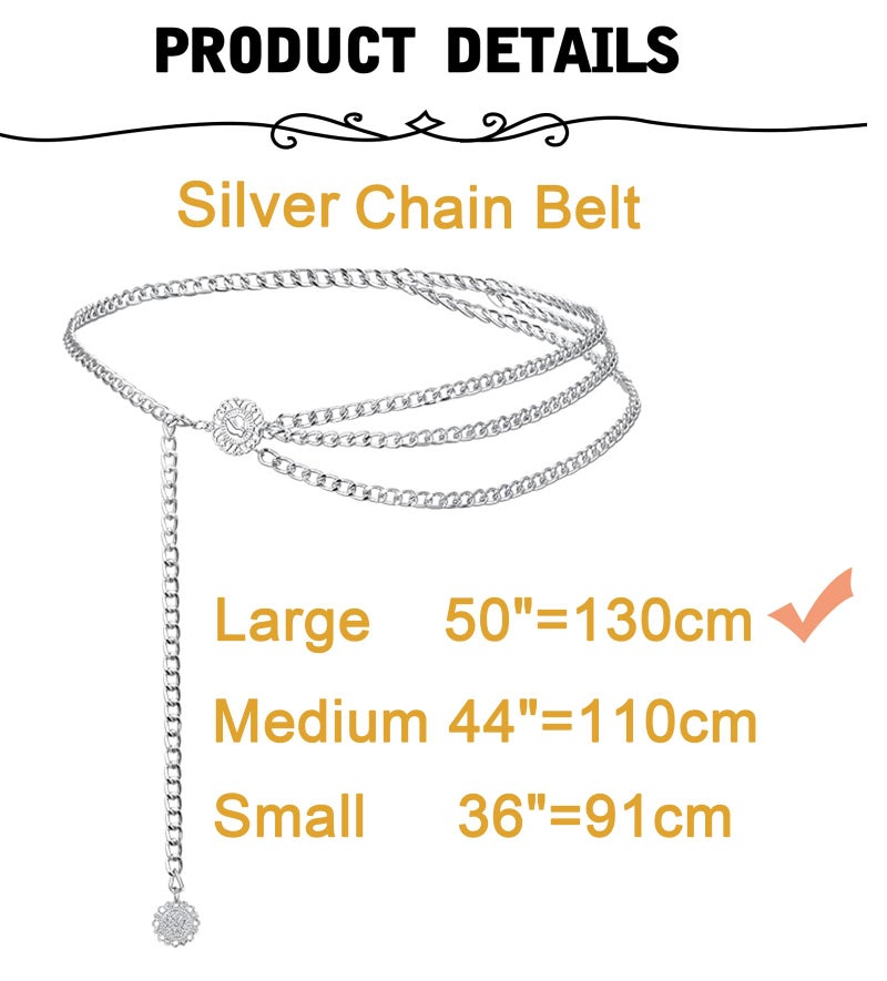 MODRSA Silver Chain Belt Silver Waist Chain For Women Waist Chain Belt Chain Metal Belly Chain Body Jewelry Dress Belts Plus Size 50" 130cm Prom Parties Weddings Festivals Formal Occasion - Image 3