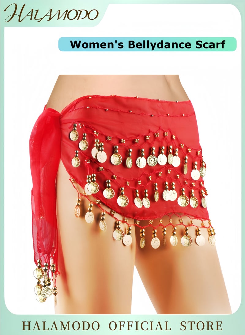 HALAMODO Women's Bellydance Scarf with Gold Coins Skirts Wrap Belly Dance  Scarf Chiffon Belly Dancing Scarf Waist Belly Dance Scarf Triangle Skirt - Image 1