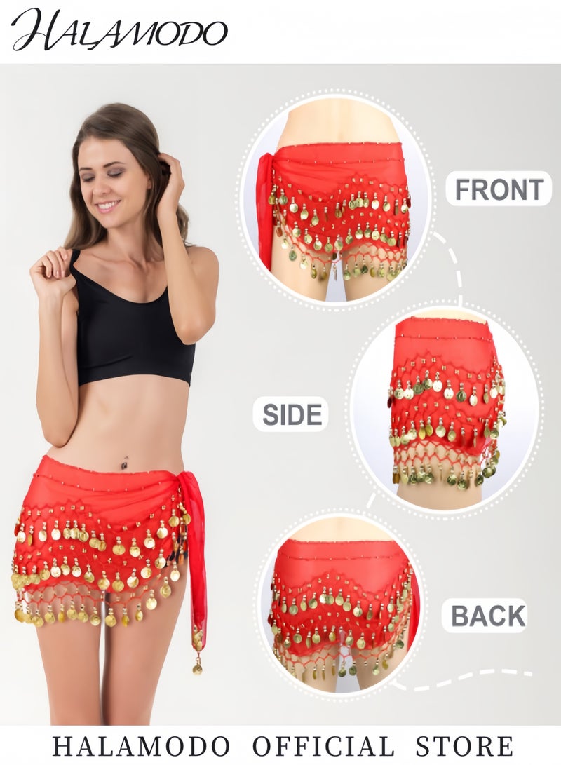 HALAMODO Women's Bellydance Scarf with Gold Coins Skirts Wrap Belly Dance  Scarf Chiffon Belly Dancing Scarf Waist Belly Dance Scarf Triangle Skirt - Image 3