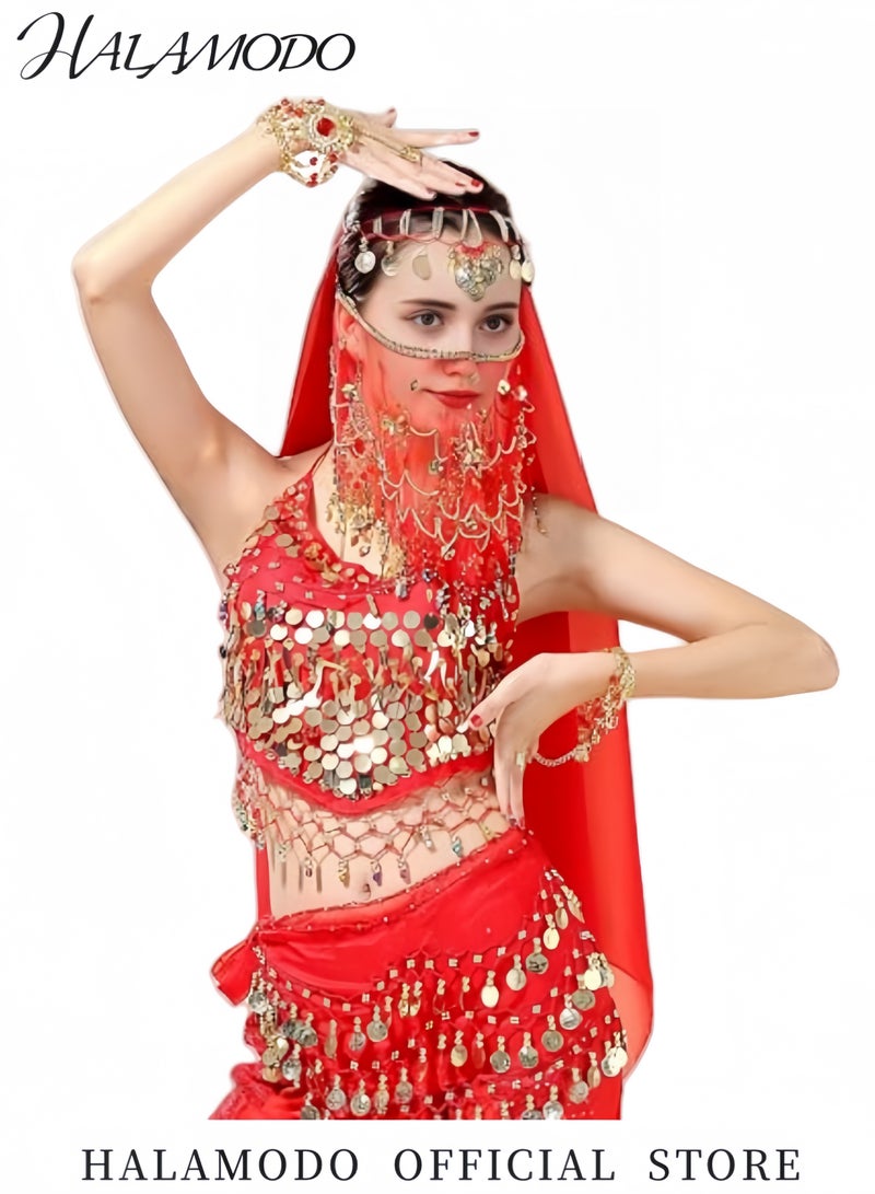 HALAMODO Women's Bellydance Scarf with Gold Coins Skirts Wrap Belly Dance  Scarf Chiffon Belly Dancing Scarf Waist Belly Dance Scarf Triangle Skirt - Image 5