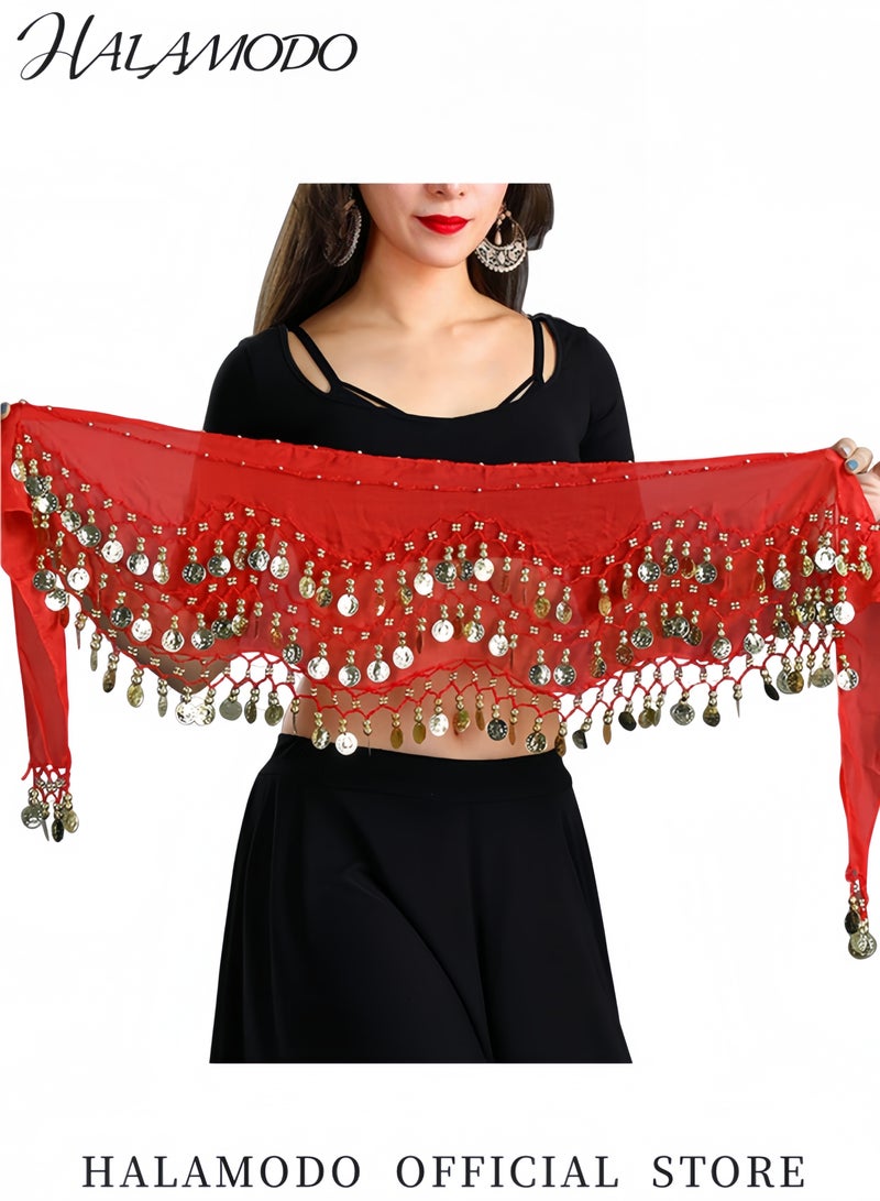HALAMODO Women's Bellydance Scarf with Gold Coins Skirts Wrap Belly Dance  Scarf Chiffon Belly Dancing Scarf Waist Belly Dance Scarf Triangle Skirt - Image 4