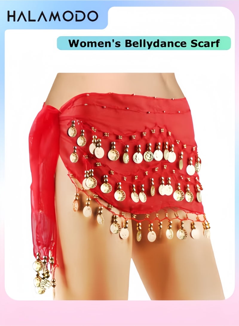 Halamodo Women's Bellydance Scarf with Gold Coins Skirts Wrap Belly Dance  Scarf Chiffon Belly Dancing Scarf Waist Belly Dance Scarf Triangle Skirt - Image 1