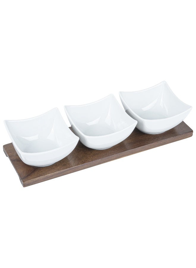 Restaurantware طقم وعاء 15 أونصة مع صينية - 1 طقم تقديم قابل للغسل في غسالة الصحون، يتضمن 3 أوعية خزفية وصينية من الخيزران، متينة، طقم أوعية وصينية خزفية بيضاء وخيزران، قابلة لإعادة الاستخدام، قابلة للتجميد - Image 1