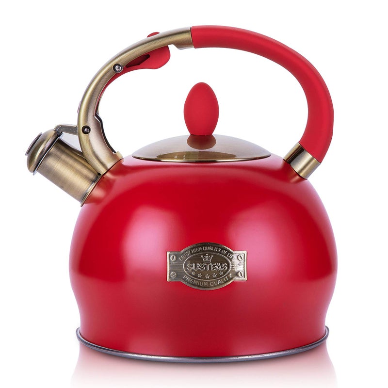 SUSTEAS Stove Top Whistling Tea KettleSurgical Stainless Steel Teakettle Teapot with Cool Touch Ergonomic Handle1 Free Silicone Pinch Mitt Included3 LiterRED