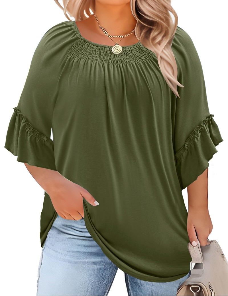 Micoson Plus Size Spring Clothes for Women Womens Tunic Tops Peasant Blouses 3/4 Sleeve Boho Shirts Crew Neck Loose T Shirt Army Green - Image 1