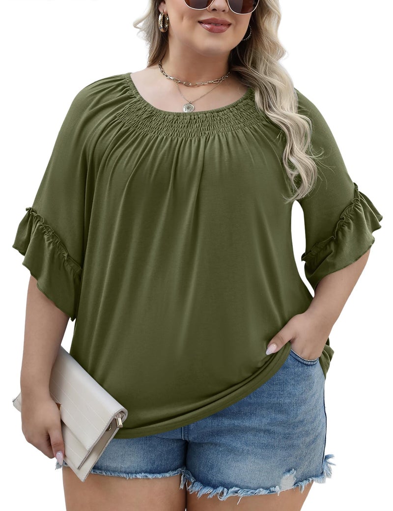 Micoson Plus Size Spring Clothes for Women Womens Tunic Tops Peasant Blouses 3/4 Sleeve Boho Shirts Crew Neck Loose T Shirt Army Green - Image 4