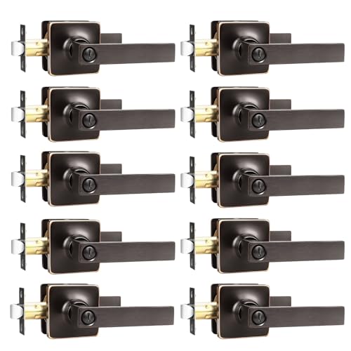 GOBEKOR 10 Pack Privacy Door Levers Bedroom Door Handle with Lock Oil Rubbed Bronze Square Door Handles Keyless Door Lock Straight Bed/Bath Lever - Image 1