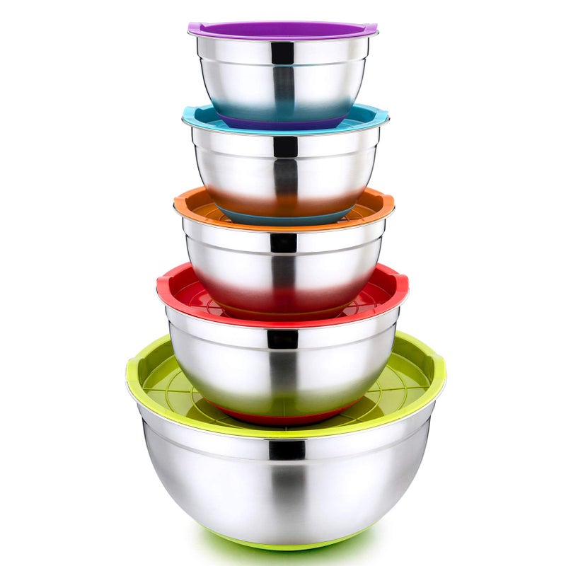 PP CHEF Mixing Bowls with Lids Set of 5 Stainless Steel Nesting Salad Bowl with Lid Base for Nonslip Mixing Prepping Storing Serving 5 Sizes73525151 QT Multicolor