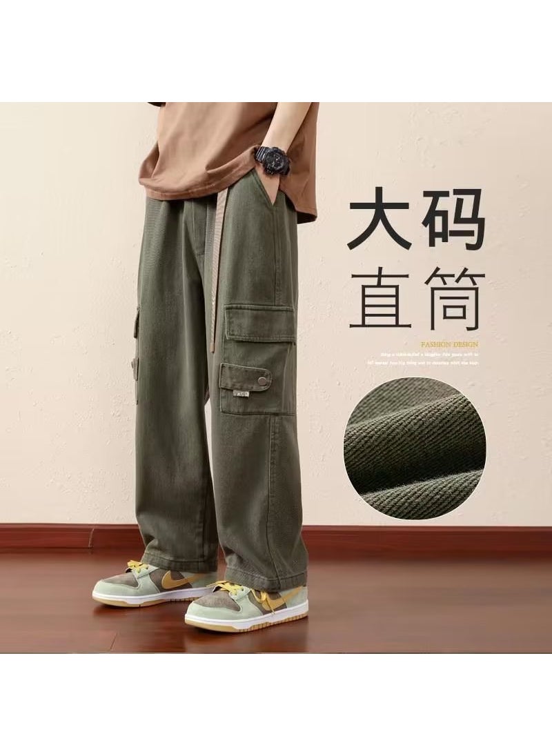 Generic - American Style Loose-fit Straight-leg Casual Pants For Men Spring Autumn Vintage Cargo Pants Trendy Brand Wide-leg High-street Army Green - Image 1