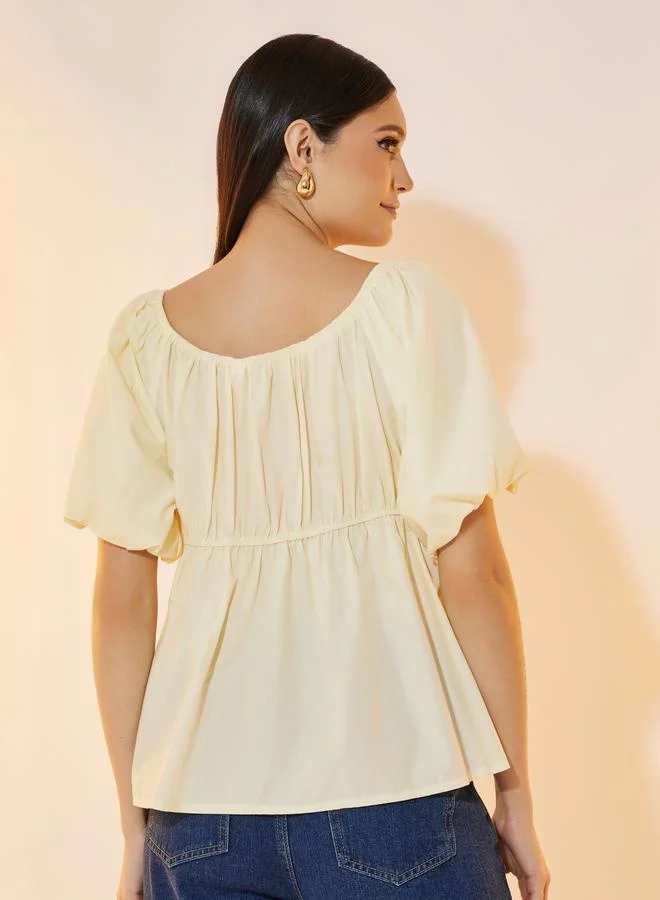 Take Two Solid Puff Sleeve Wide Neck Top