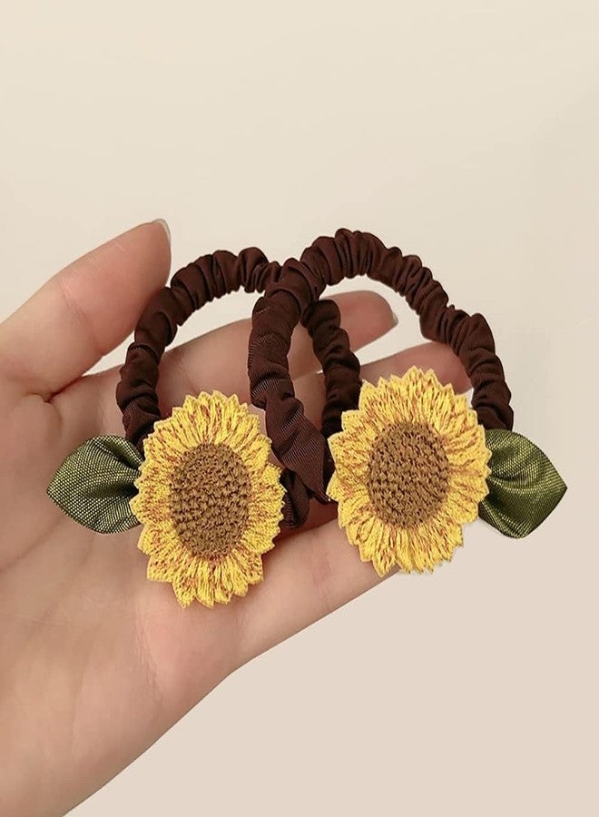 WinldMonmo 2 Pcs, Brown Sunflower Scrunchies Hair Ties, Elastics Hair Bands, Ponytail Holders, Spring Hair Accessories for Women and Girls - Image 2
