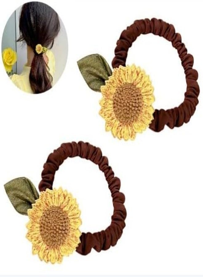 WinldMonmo 2 Pcs, Brown Sunflower Scrunchies Hair Ties, Elastics Hair Bands, Ponytail Holders, Spring Hair Accessories for Women and Girls - Image 1