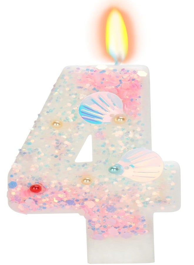 ElekFX Birthday Candle for Cake, Mermaid Vibes Pink 4 Candle, Mermaid Party Supplies Starfish Shell Glitter Decor 2.76 inch Candle, Cake Topper Decoration for Birthday Party (Number 4) - Image 1