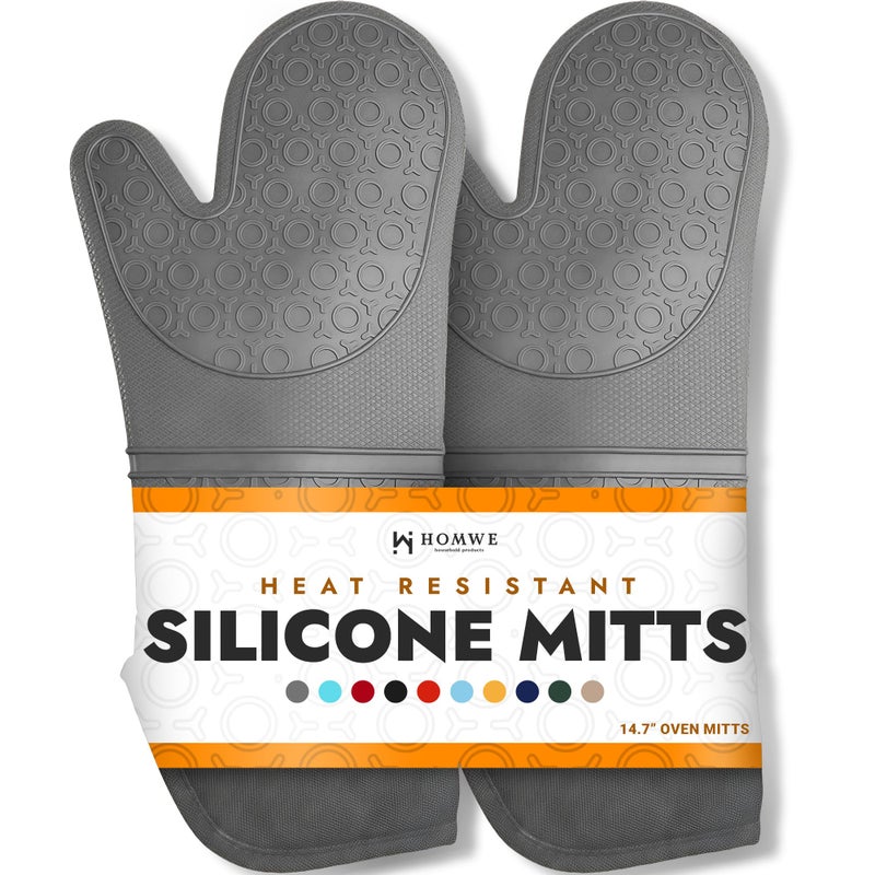 HOMWE BPAFree Soft Silicone Oven Mitts Ultra Heat Resistant Oven Mitts with Thick Cotton Liner Extra Long Slip Resistant Pot Holders Flexible Oven Gloves Gray 147 - Image 1