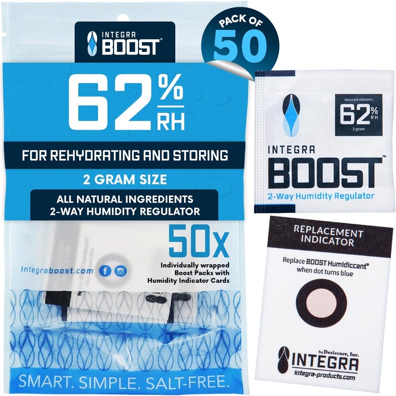 Integra Boost 2-Way Humidity Control Pack – Patented Technology for Humidity Control – Preserve Flavor & Maintain 62% RH – Moisture Absorber for Herbs, Spices & More – 2 Gram (Pack of 50) - Image 1