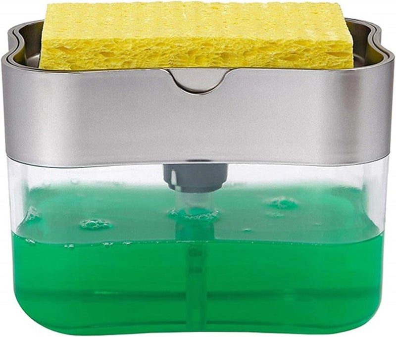 woobles Dish Soap Dispenser for Kitchen, Soap Dispenser and Sponge Holder 2 in 1,Press The Soap Box Kitchen Automatic Dispenser Detergent and Liquid Box Sponge (Silver) Silver - Image 1