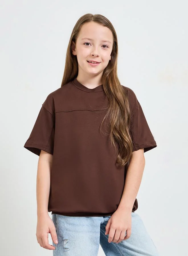 Styli Teen Girls Brown Drop Shoulder Oversized T-Shirt