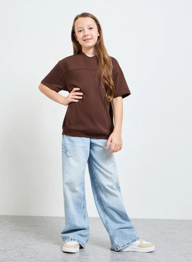 Styli Teen Girls Brown Drop Shoulder Oversized T-Shirt
