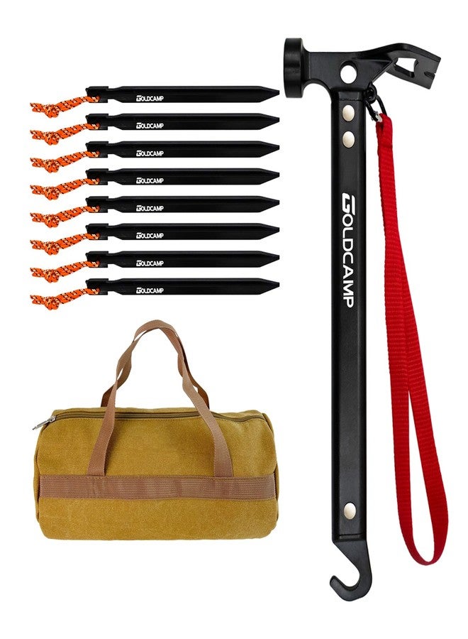 GoldCamp 8 Pack Tent Stakes and Hammer with Canvas Storage Bag, Heavy Duty Camping Stakes for Outdoor Tent & tarp-Essential Accessories, Carbon Steel Aluminum Camping Hammer for Hiking Kit - Image 1