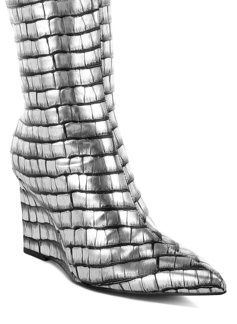 London Rag Croco Metallic Long Boots in Black Silver