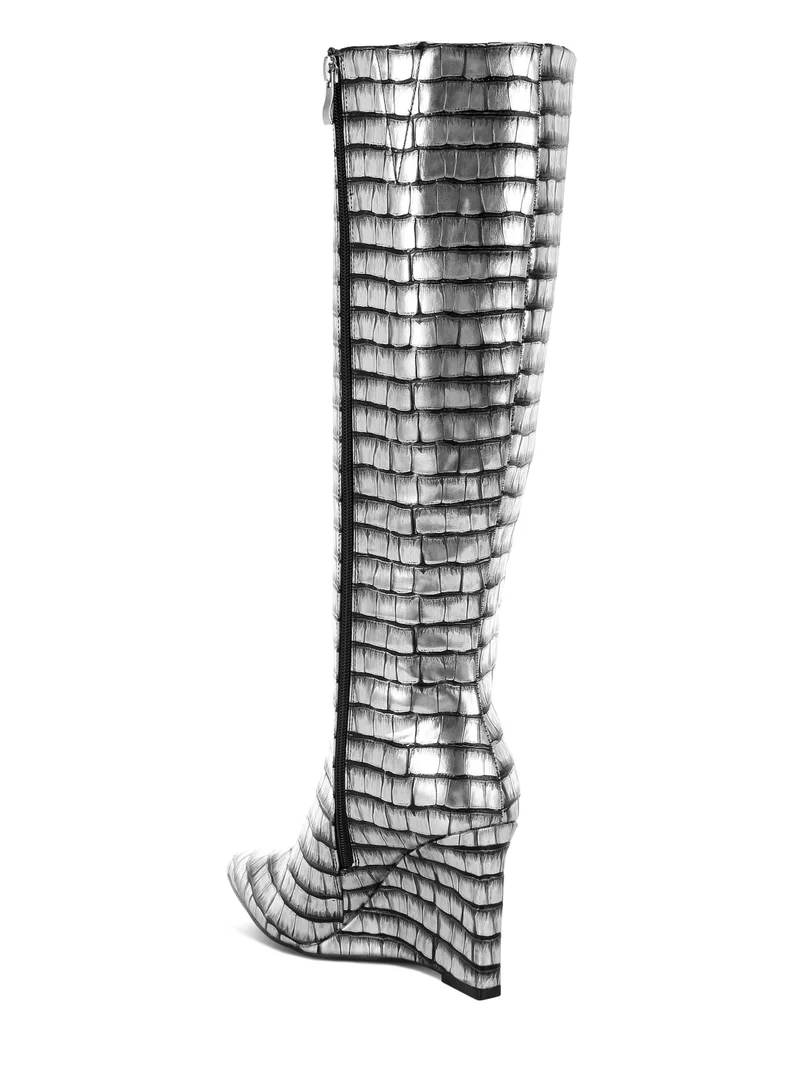 London Rag Croco Metallic Long Boots in Black Silver