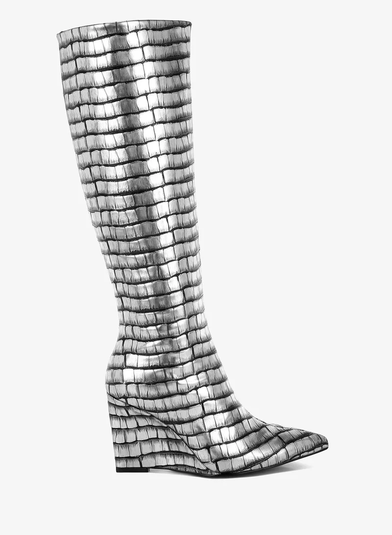 Croco Metallic Long Boots in Black Silver